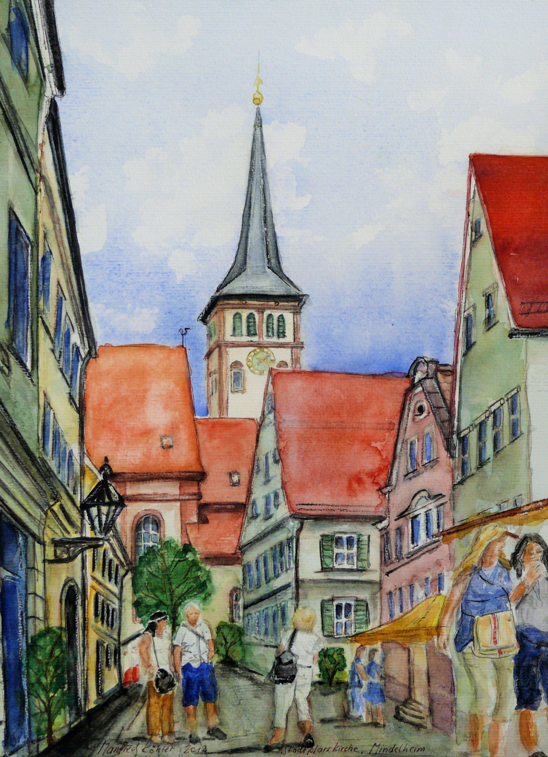 Mindelheim - Blick auf die Stadtpfarrkirche Aquarell © Manfred Köhler