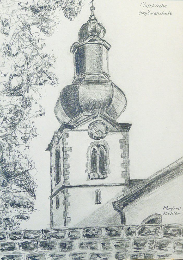 Großwallstadt - Kirche Mariä Himmelfahrt und St. Peter & Paul Aquarell © Manfred Köhler