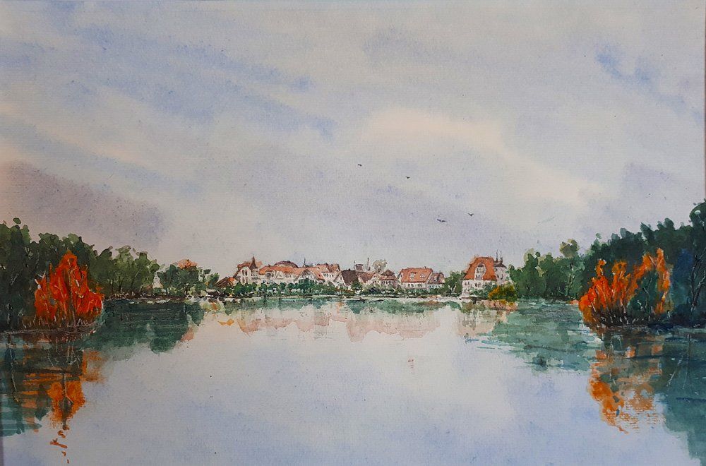 Niedernberg Seehotel / Badesee Aquarell © Manfred Köhler