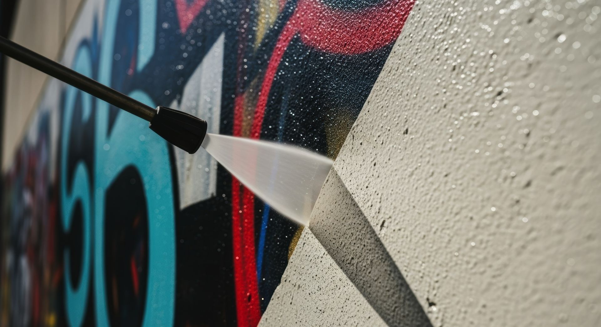 A pressure washer removing graffiti from a white wall.