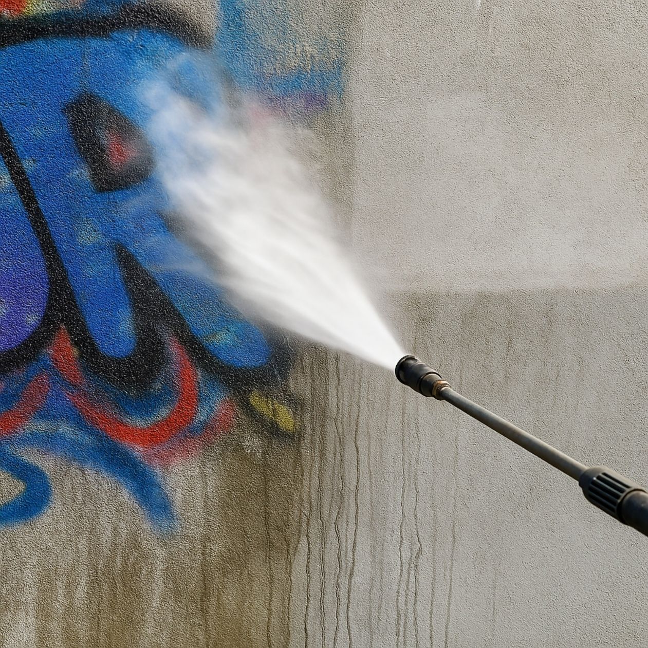 Power washer removing graffiti from a concrete wall; blue, red, and yellow paint is being blasted away by water.