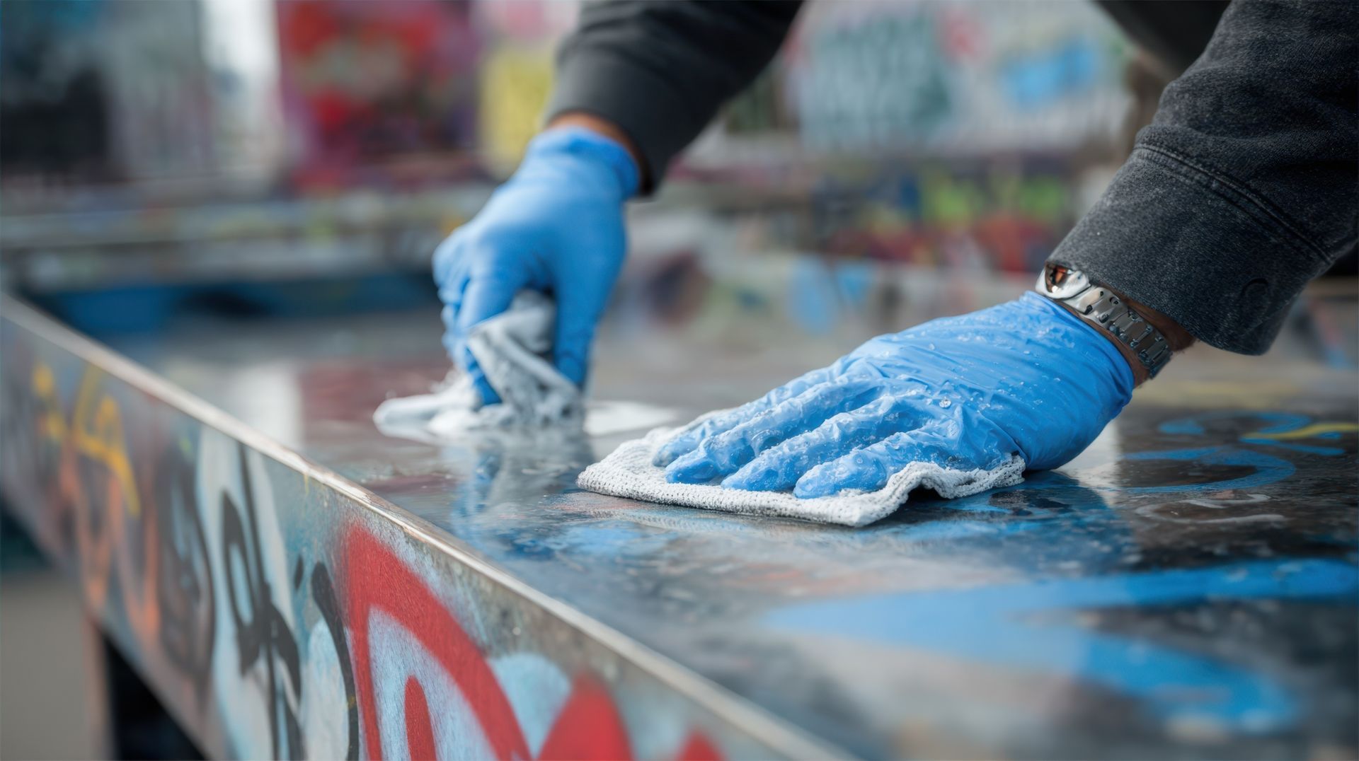 Hands in blue gloves wiping graffiti from a surface.