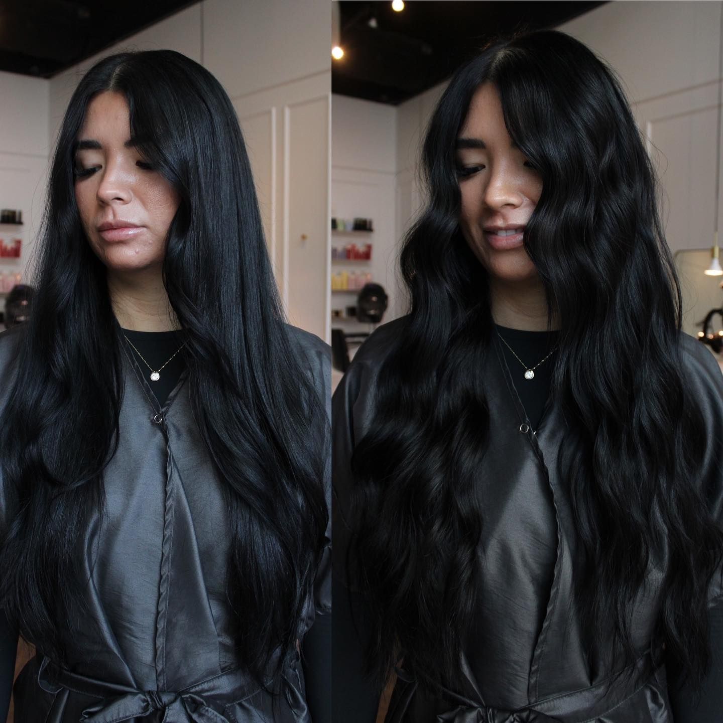 two women with long black hair are standing next to each other