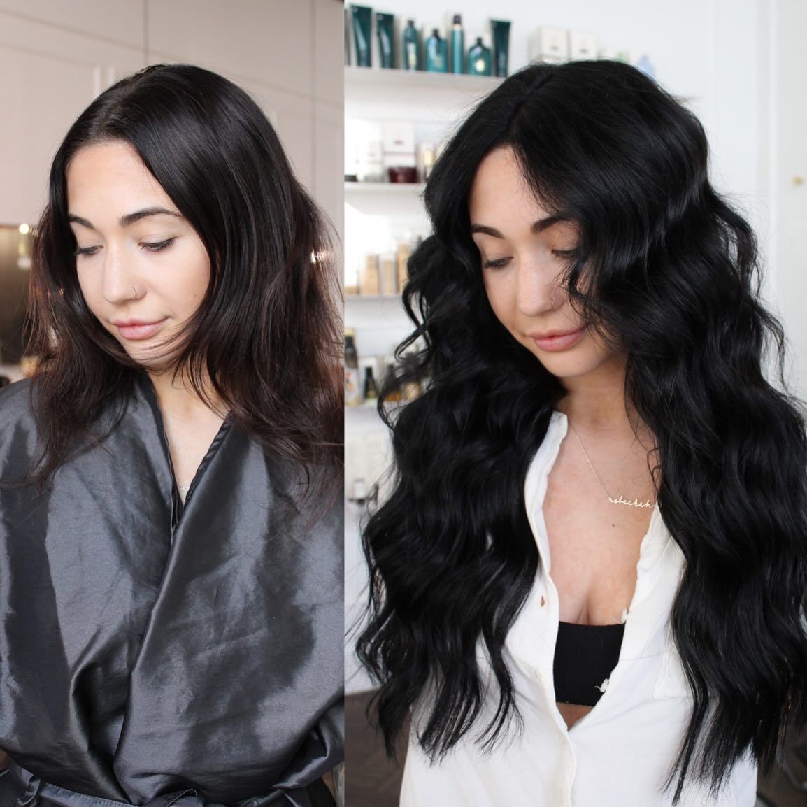 a before and after photo of a woman with long black hair