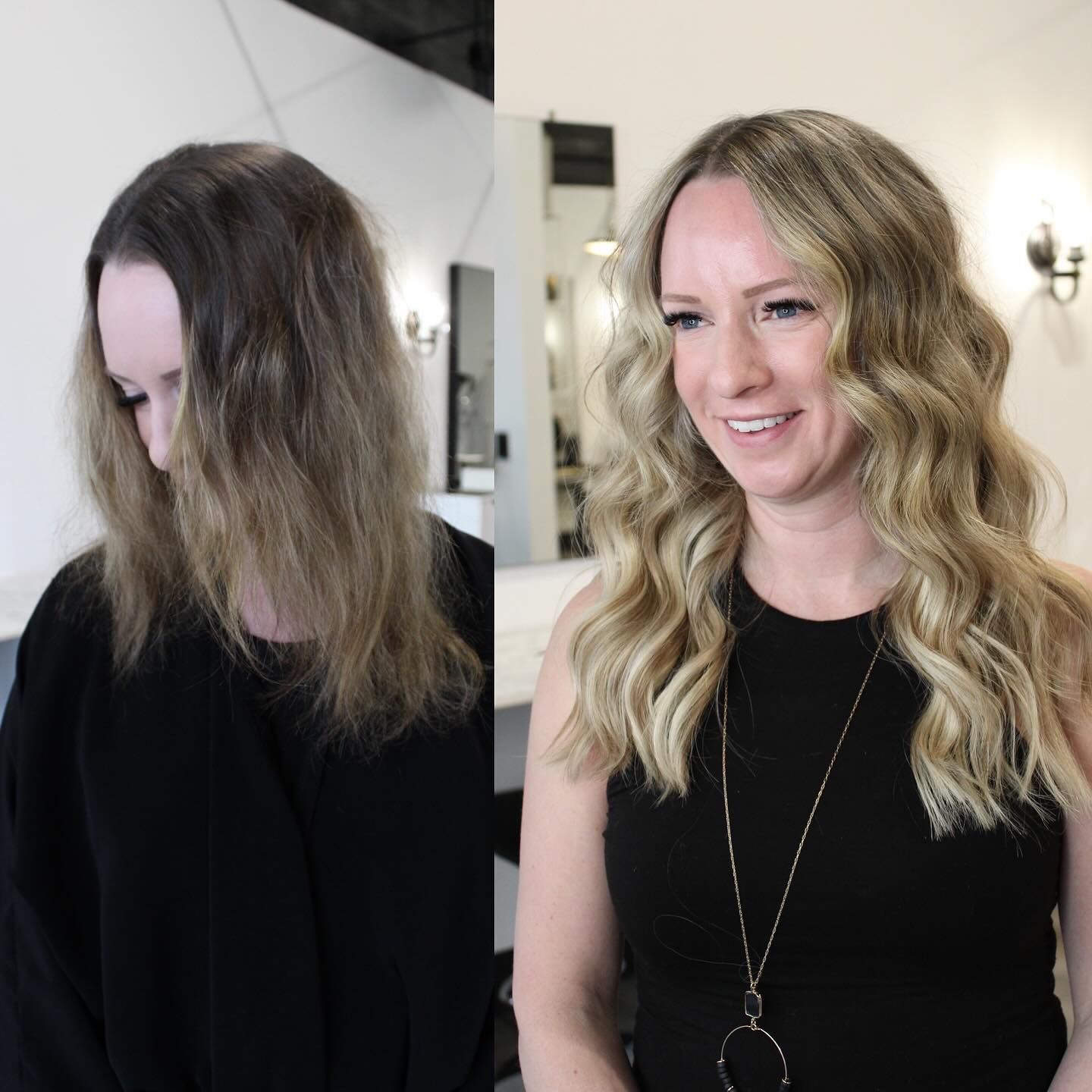 a before and after photo of a woman 's hair