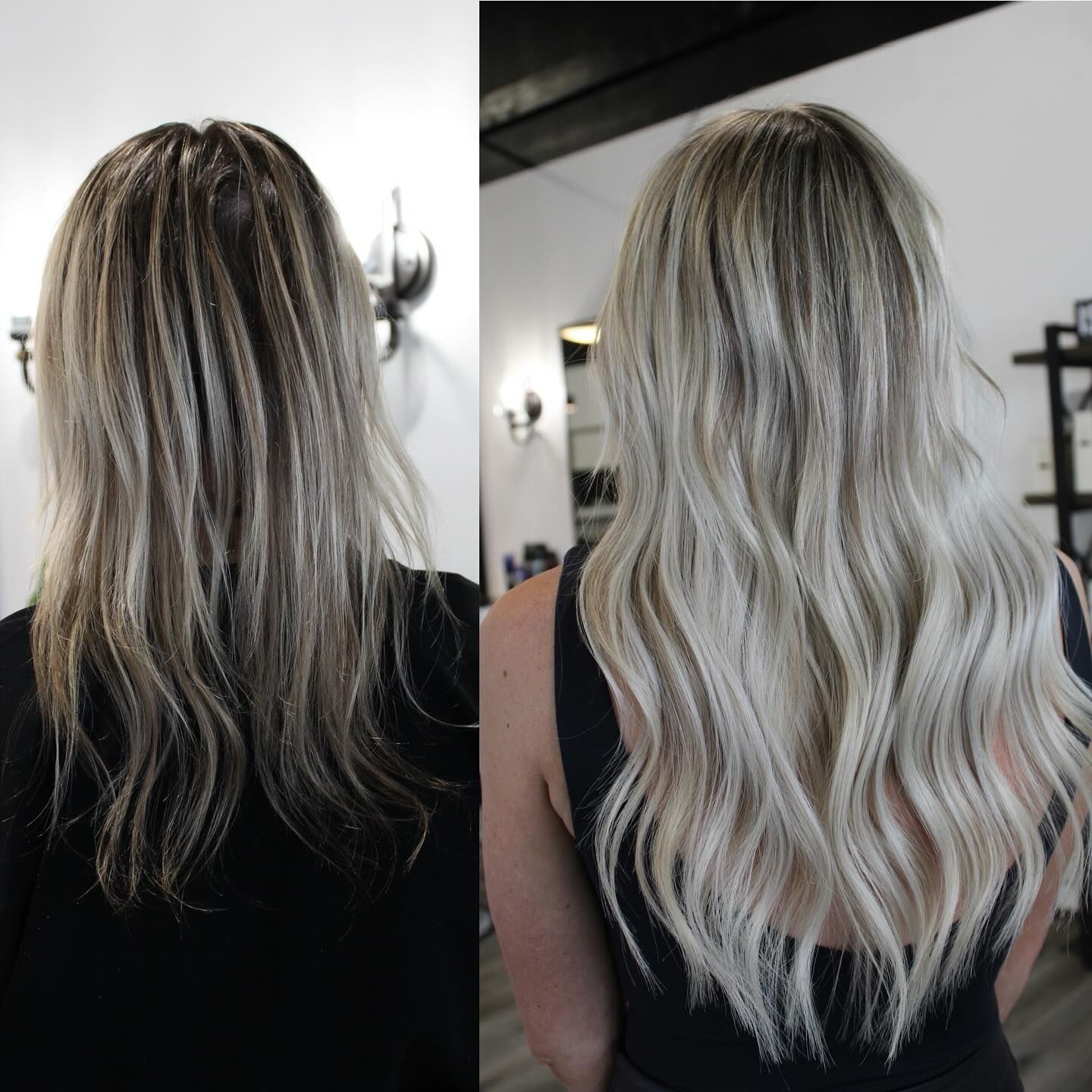 a before and after photo of a woman 's hair