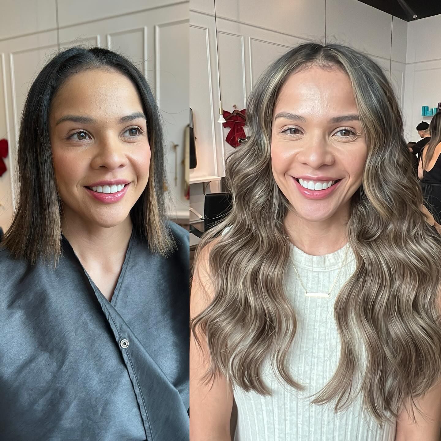 a before and after photo of a woman with long hair .