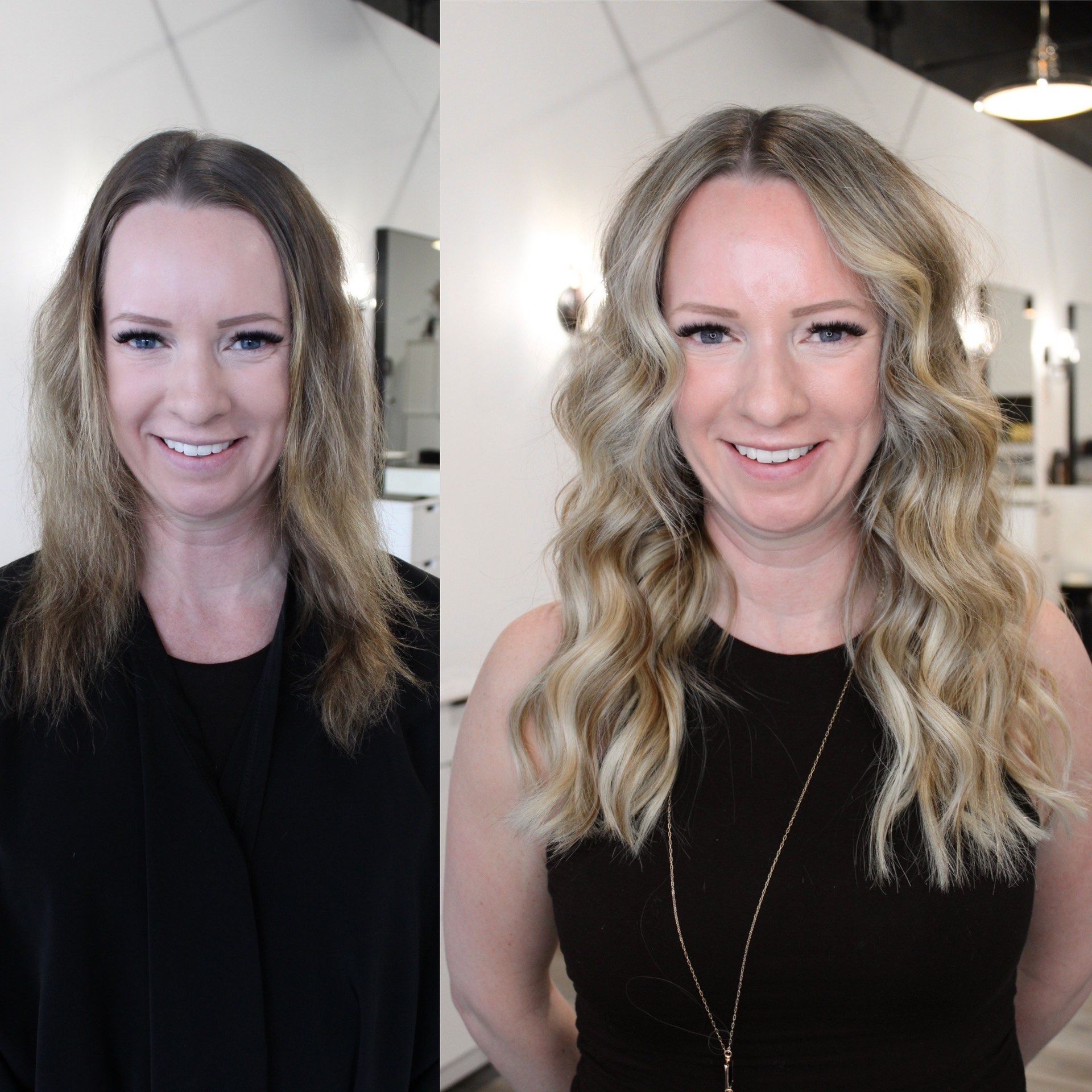 a before and after photo of a woman 's hair