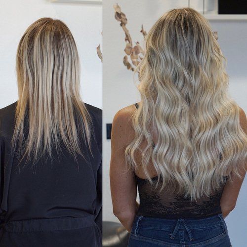 a before and after photo of a woman 's hair extensions .