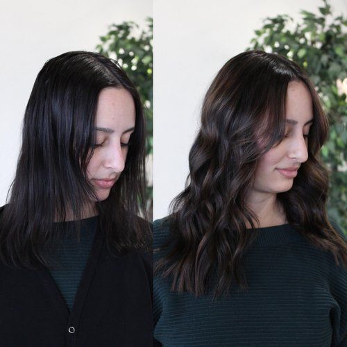 a before and after photo of a woman 's hair .