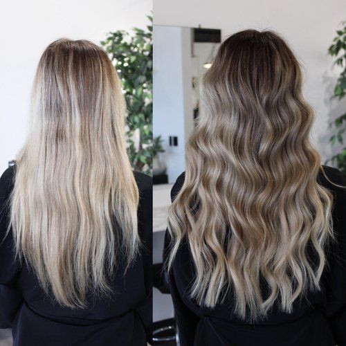 a before and after photo of a woman 's hair .