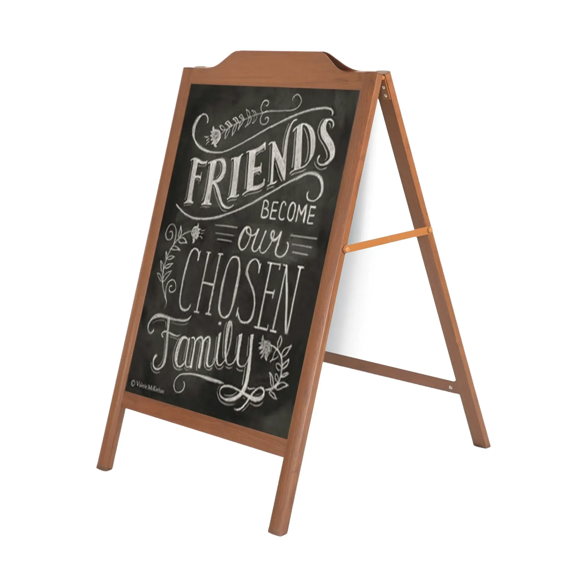 A brown wooden A-frame chalkboard sign featuring white decorative script that reads,
