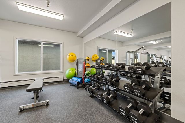 photo of a gym with sets of dumbbells