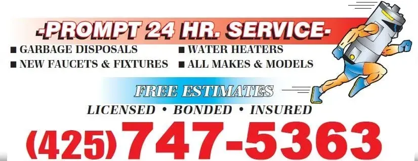 Advertisement: Plumber service with a running water heater cartoon; phone number is (425)747-5363.