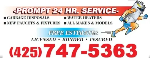 Advertisement: Plumber service with a running water heater cartoon; phone number is (425)747-5363.