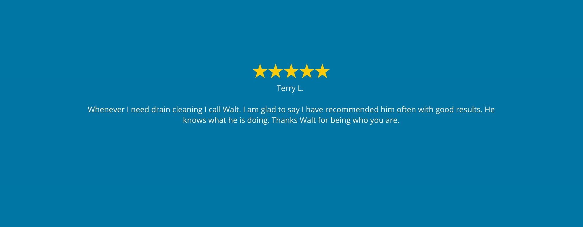 Five gold stars above a review, stating “Great”. Blue background.