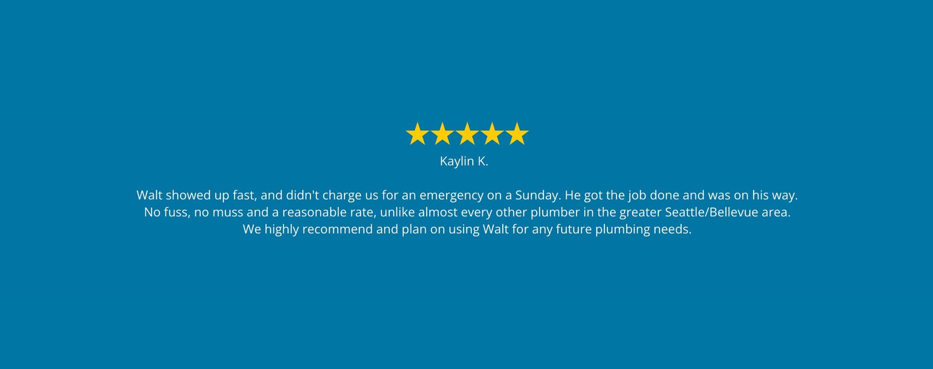 Five gold stars above a customer review on a teal background.