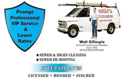 Advertisement for Walt's Plumbing featuring a van, Walt the plumber, and services like sewer cleaning.