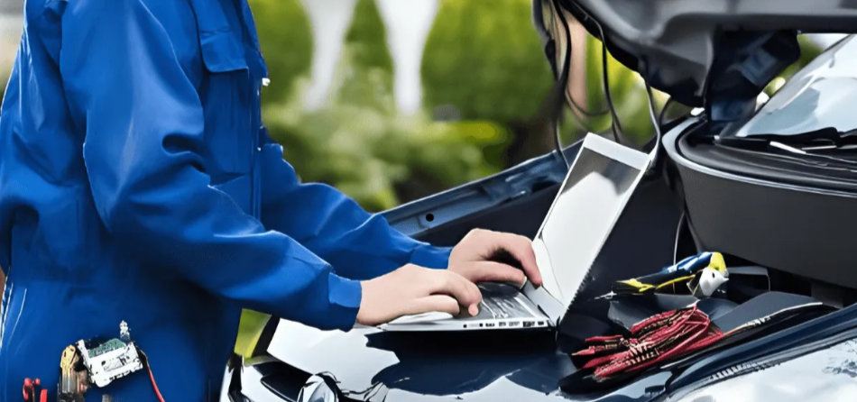 Technician using a laptop for mobile vehicle engine diagnostic services.