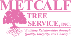 A pink logo for metcalf tree service inc.