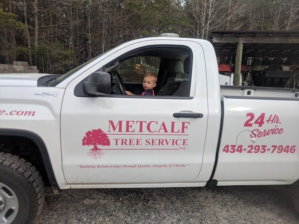 A little boy is sitting in the driver 's seat of a metcalf tree service truck.