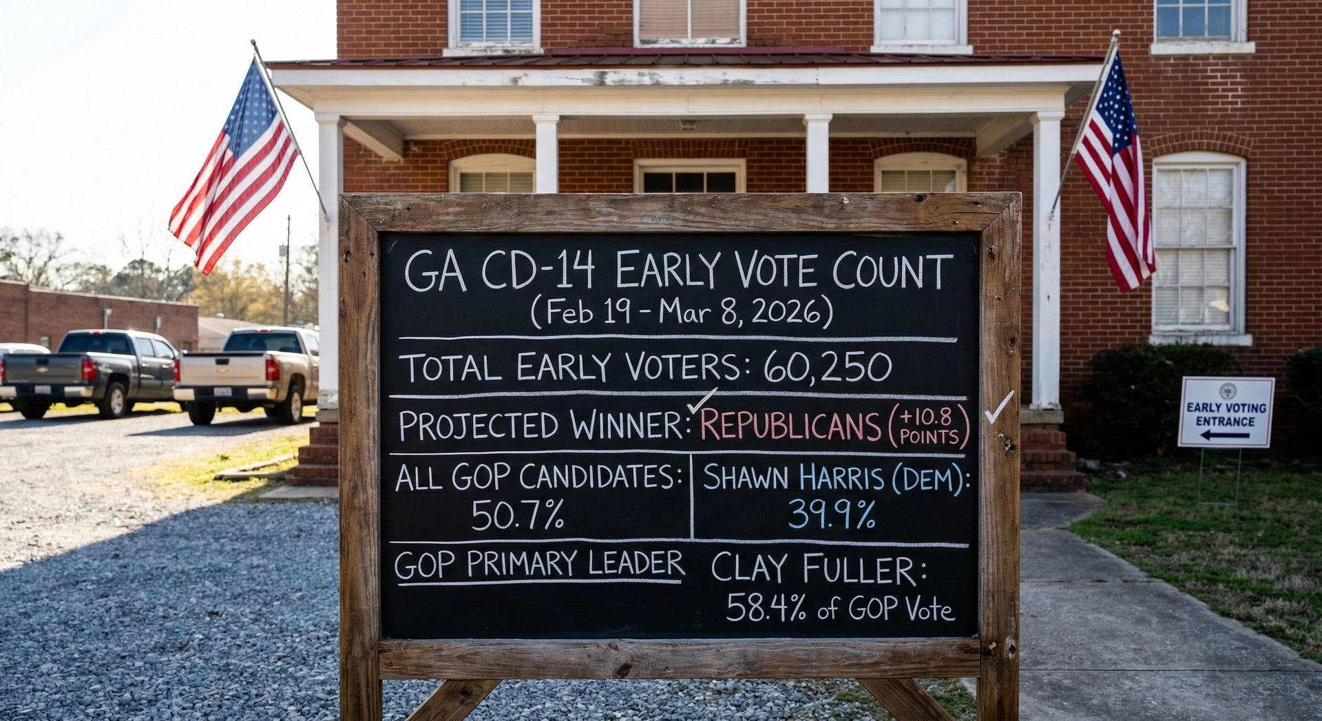 A rustic chalkboard sign standing outside a red brick building with American flags. The board shows GA CD 14 early voting numbers, including 60,250 total voters, a projected Republican win by 10.8 points, all GOP candidates at 50.7 percent, Democrat Shawn Harris at 39.9 percent, and Clay Fuller leading the Republican field with 58.4 percent.