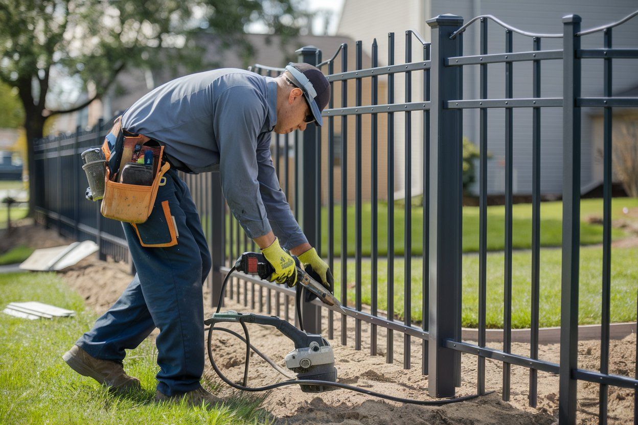 A man is installing a metal fence in a yard.