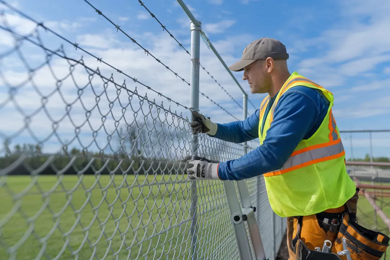 A man is installing a chain link fence on a baseball field.