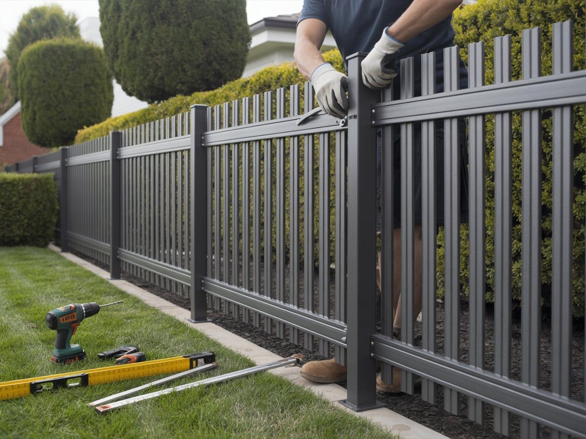 Person installing a gray vertical-slat fence in a yard with tools on the grass.