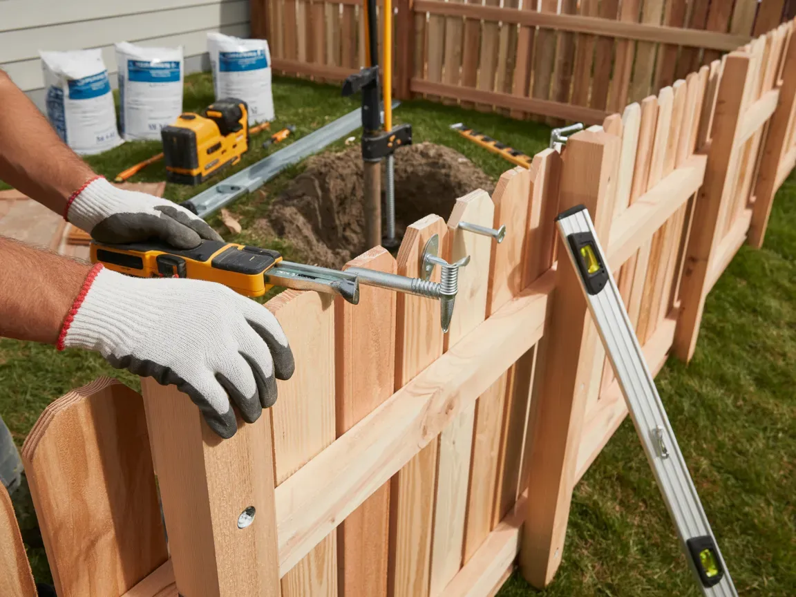 A person installs a wooden fence outdoors, using tools like a level and clamp. Bags of cement are in the background.