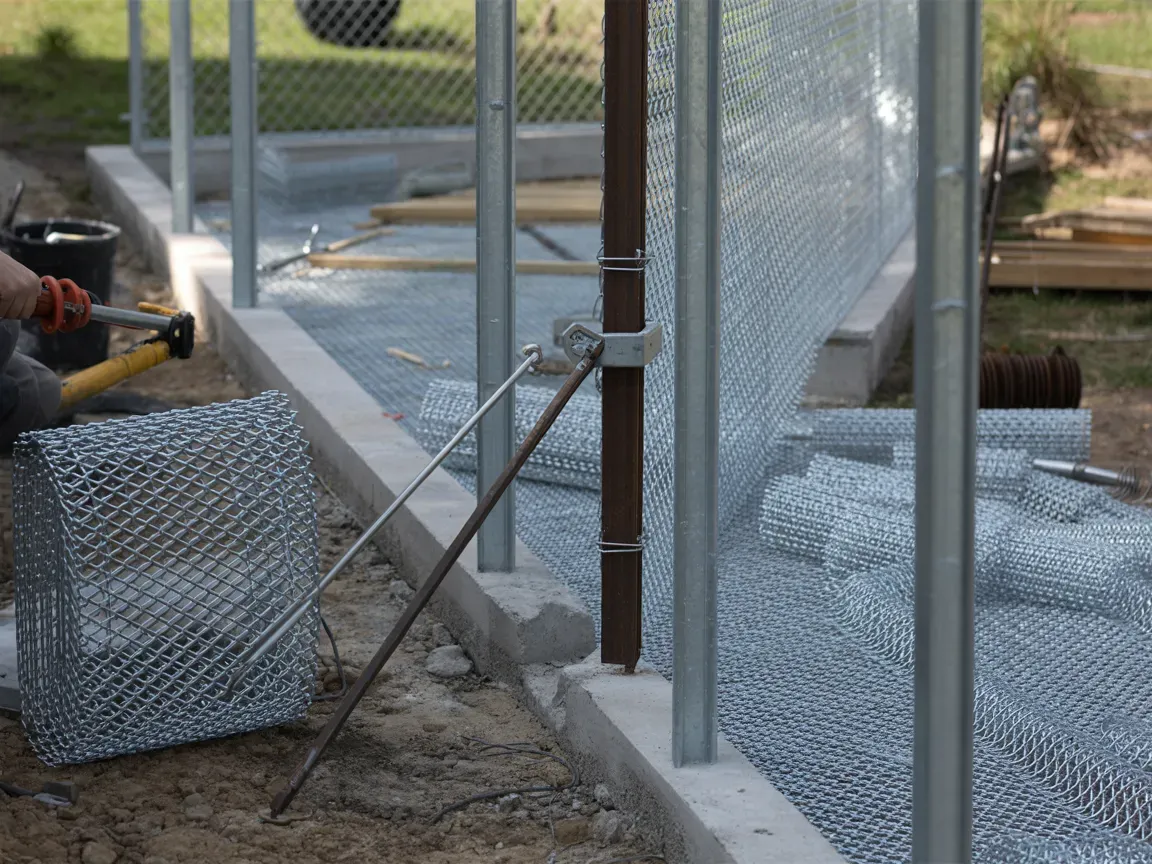 Person installing chain-link fence on concrete base; metal posts, wire mesh, tools visible.