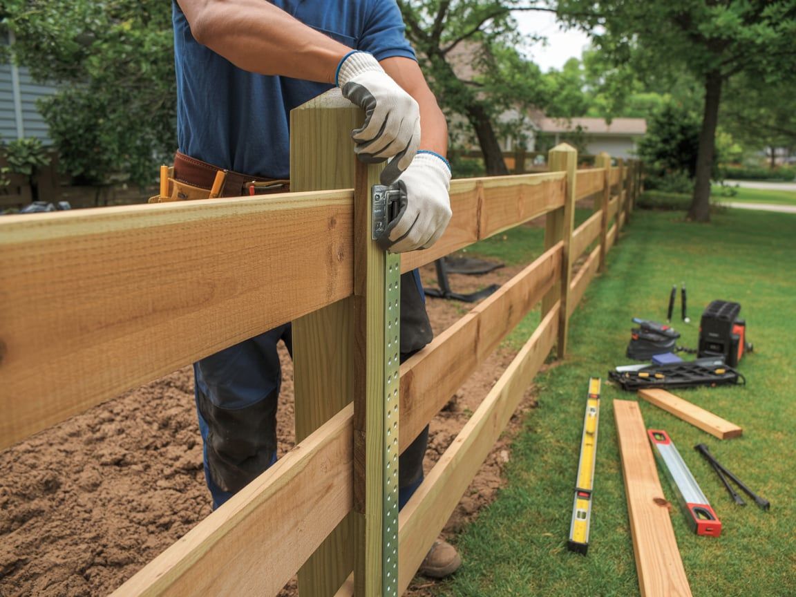 Man measuring a wooden fence. He's wearing gloves and using a measuring tape. Outdoors, daytime.