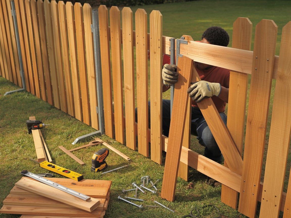 Person assembling a wooden gate on a lawn, next to a wooden fence. Tools and materials are scattered around.