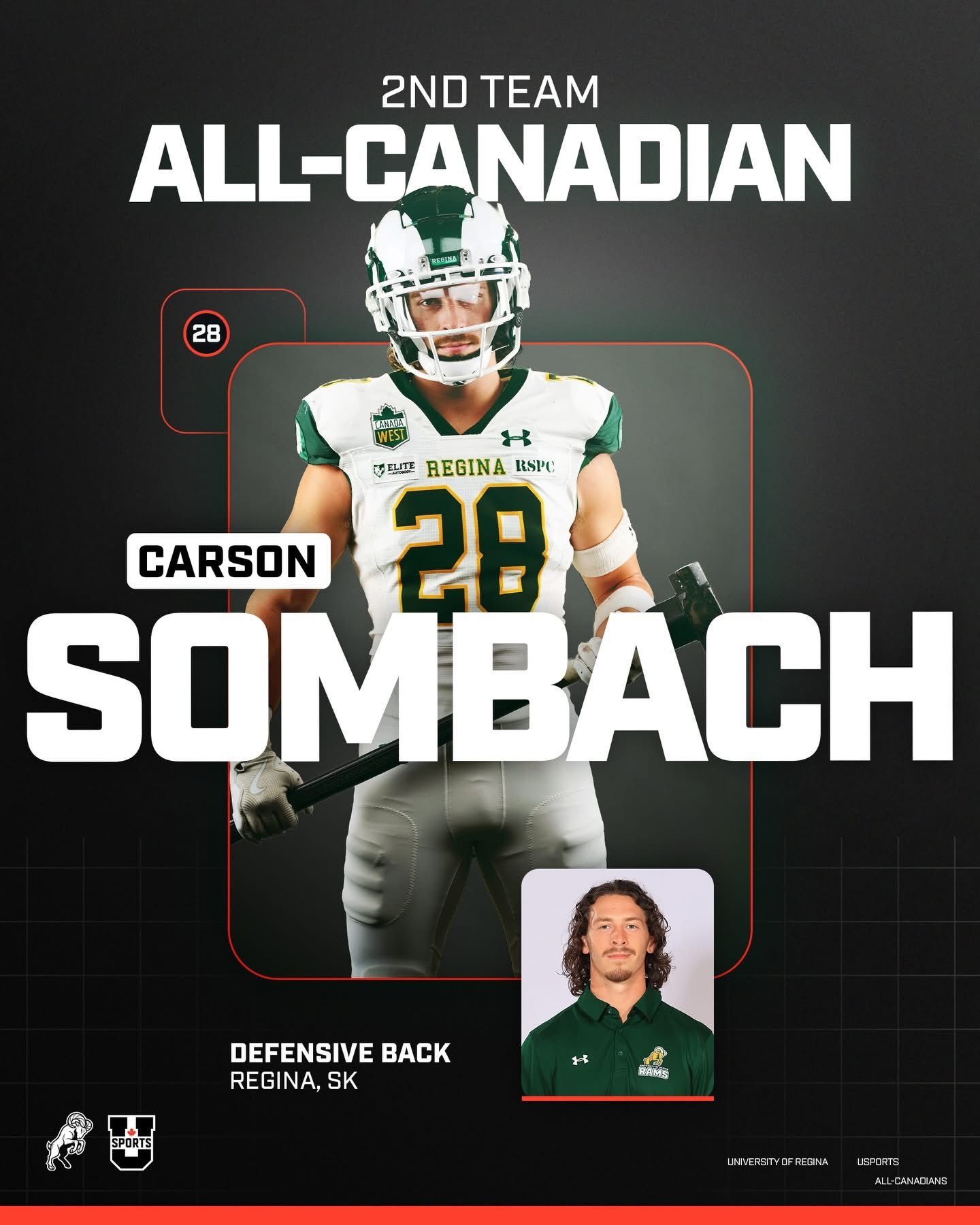 Carson Sombach, All-Canadian defensive back, in football uniform.
