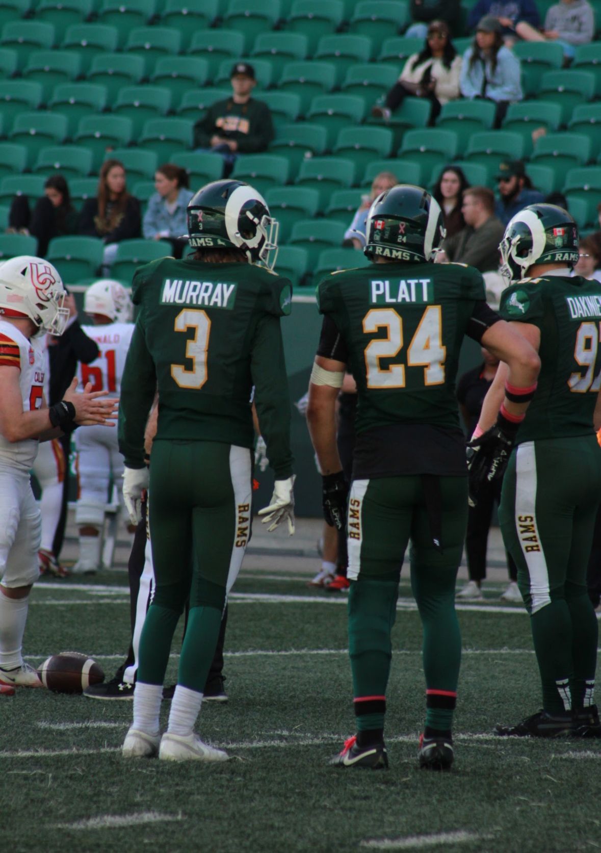 Football players in green and white uniforms on a field. Numbers and names on backs. Crowd in the background.