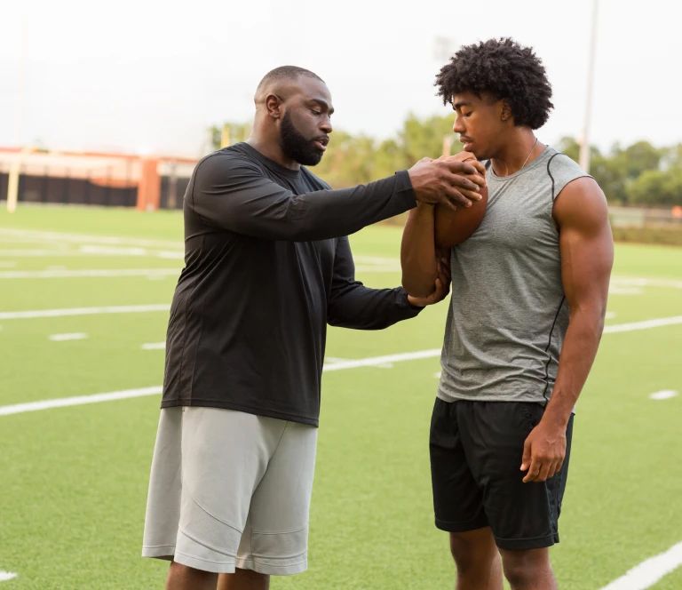 A man is holding a football while talking to another man on a football field.