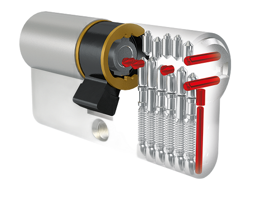 Vista in sezione di una serratura cilindrica, che mostra i perni, le molle e il punto di inserimento della chiave.