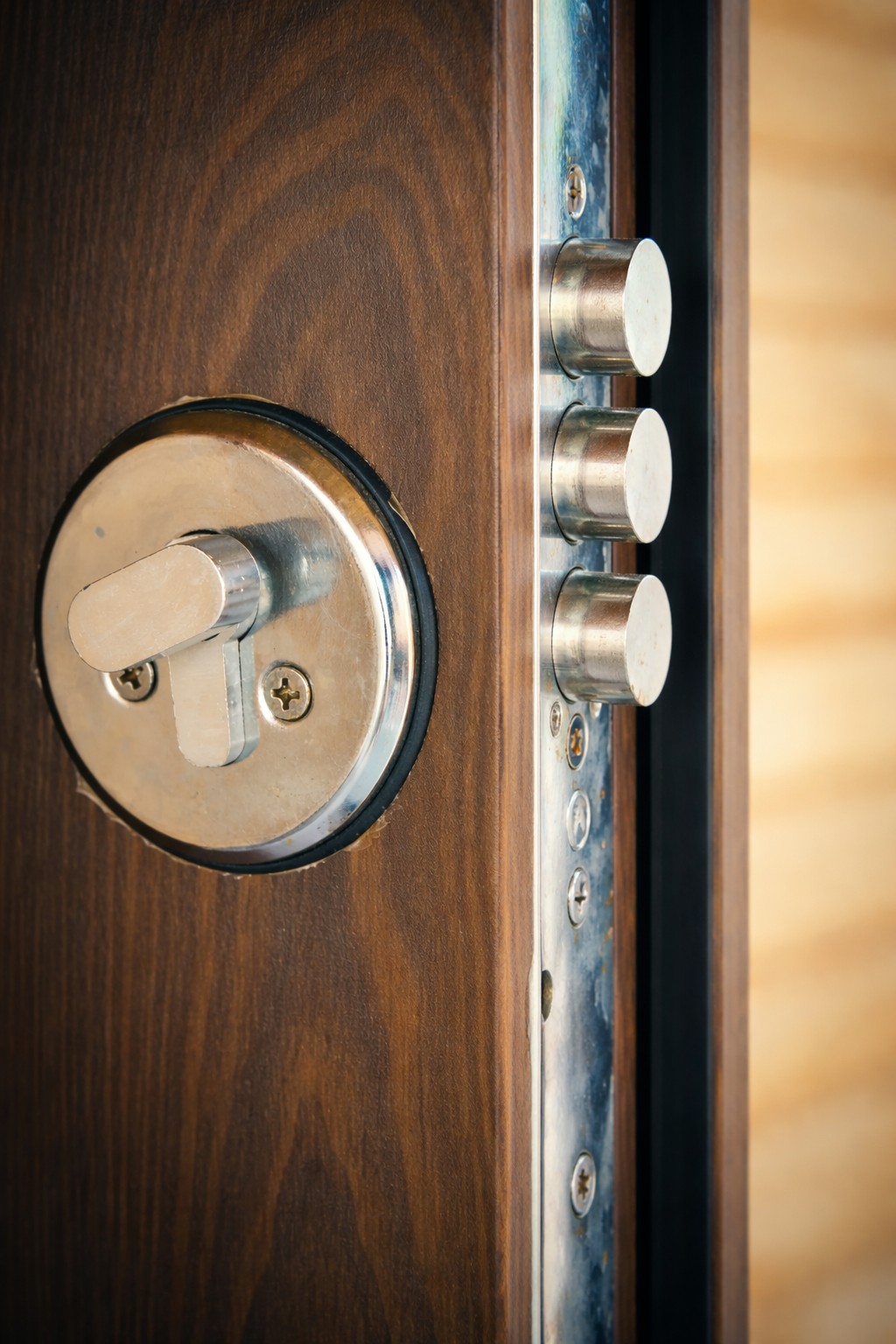 Primo piano di una porta di legno scuro con serratura in acciaio e meccanismo a catenaccio.