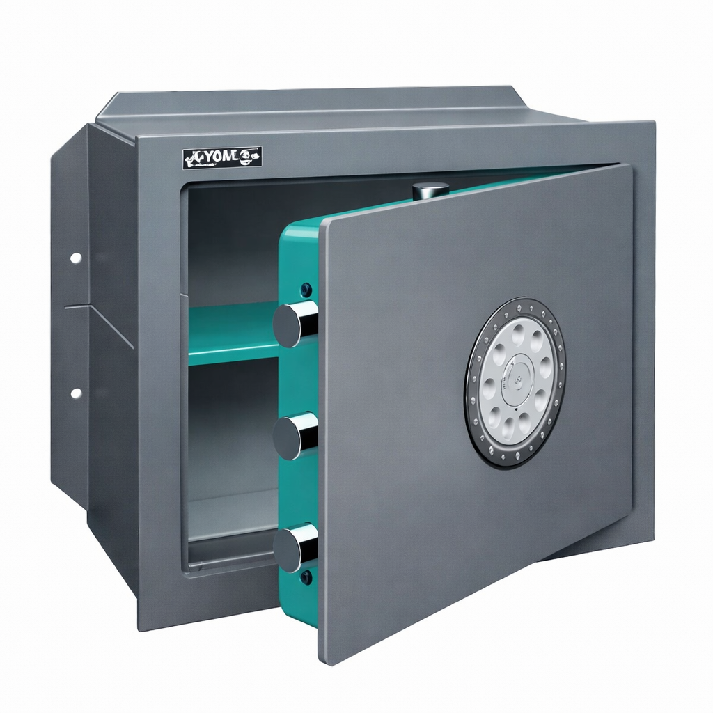Cassaforte grigia aperta con interni e ripiani color verde acqua. Lo sportello è socchiuso, rivelando il contenuto.