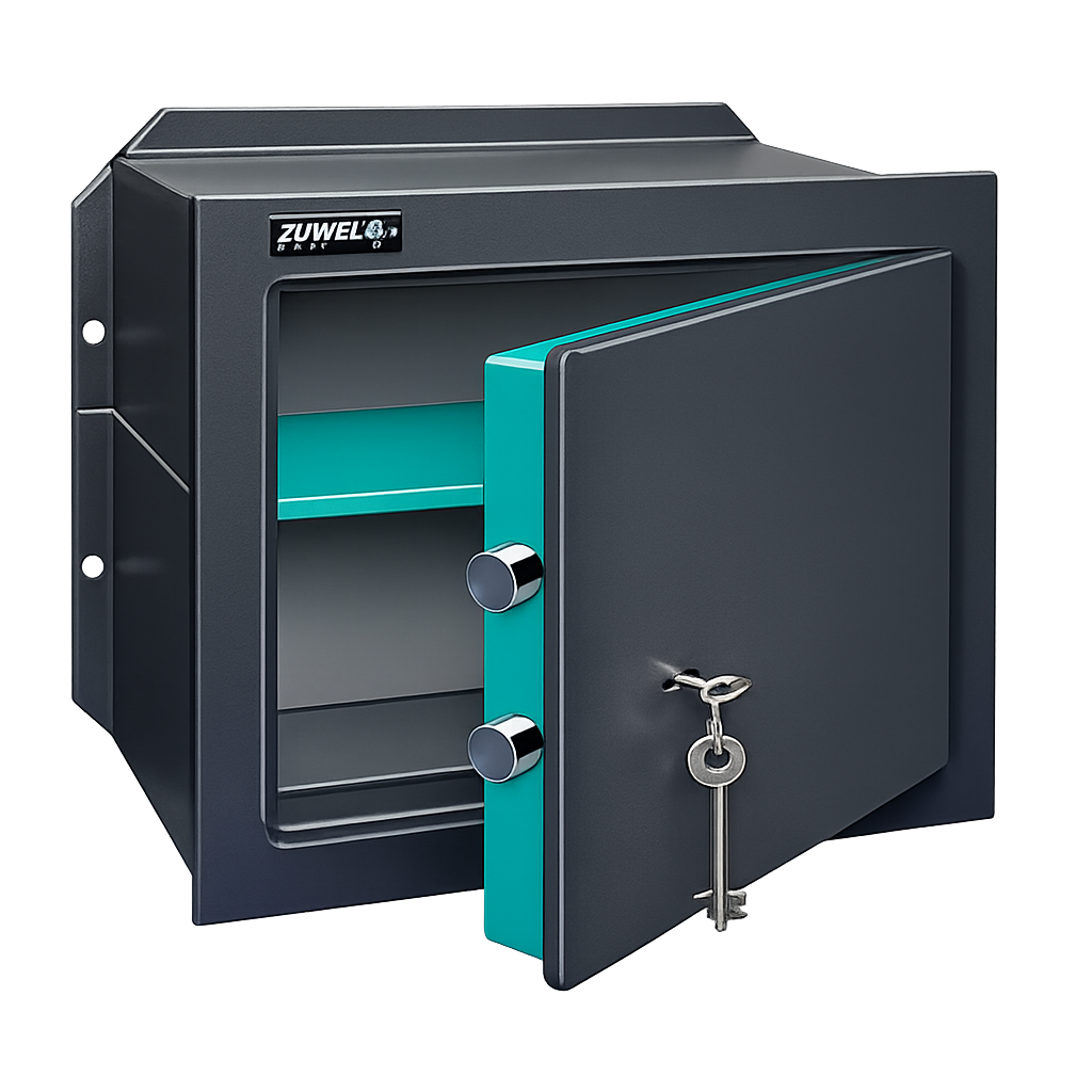 Aprire la cassaforte grigia con l'interno turchese e la chiave appesa allo sportello.