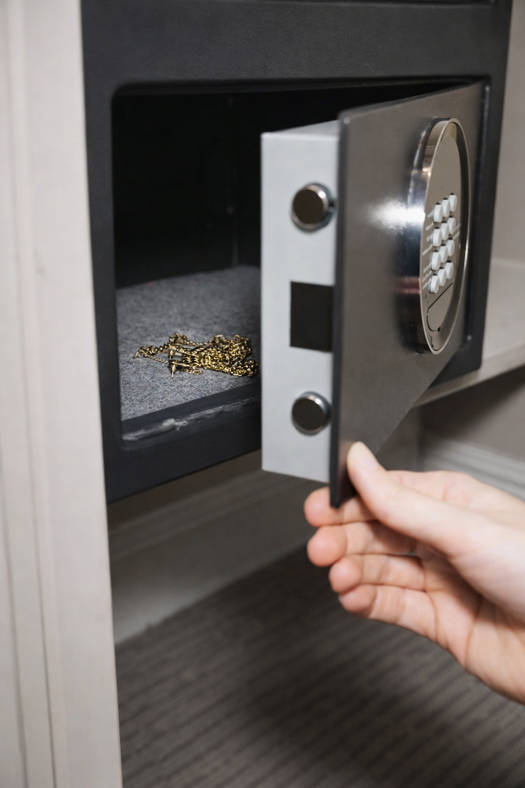 Una mano che apre una cassaforte contenente una collana d'oro.