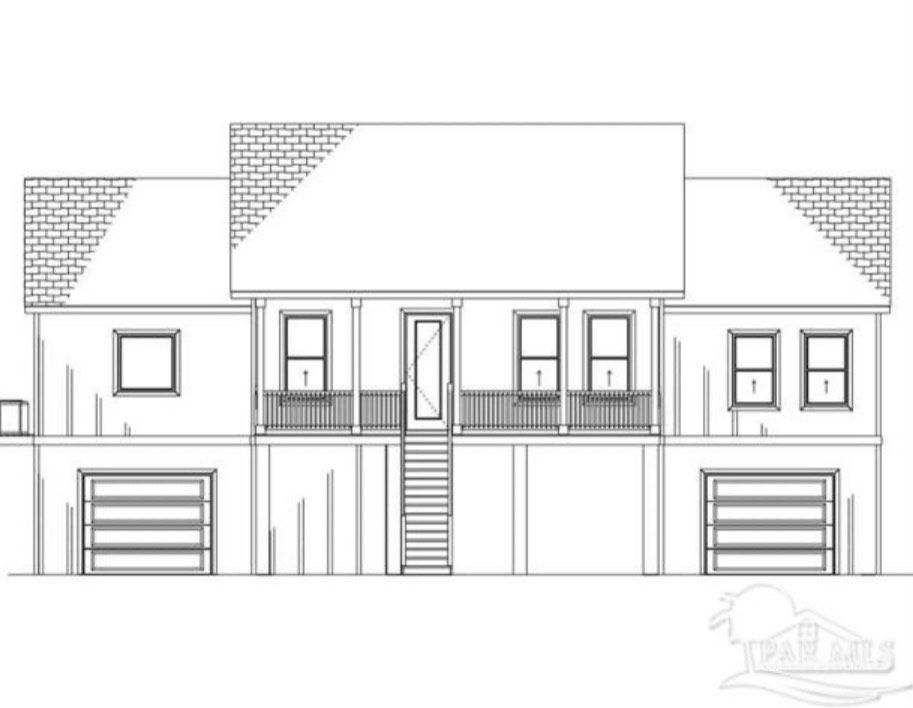 A black and white drawing of a house with a porch.