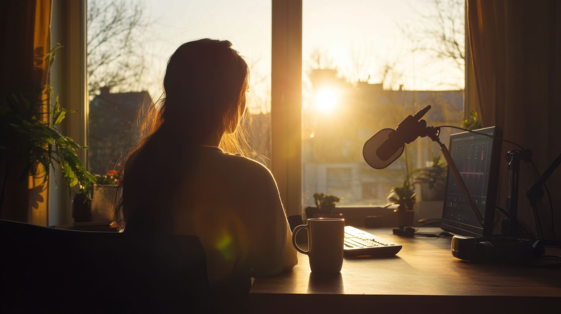 A mature woman looks out of her bedroom window as the late sun streams in