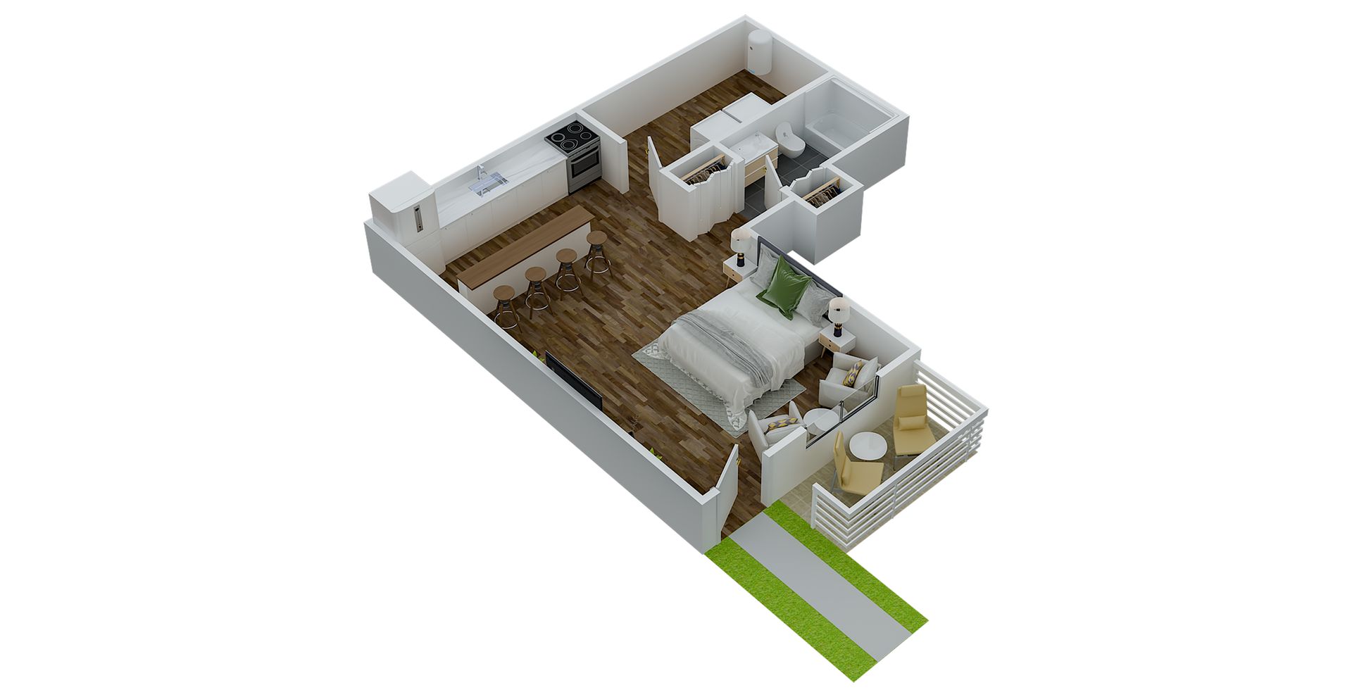 3D floor plan of an apartment with a bedroom, bathroom, kitchen, and balcony. Brown and white interior.