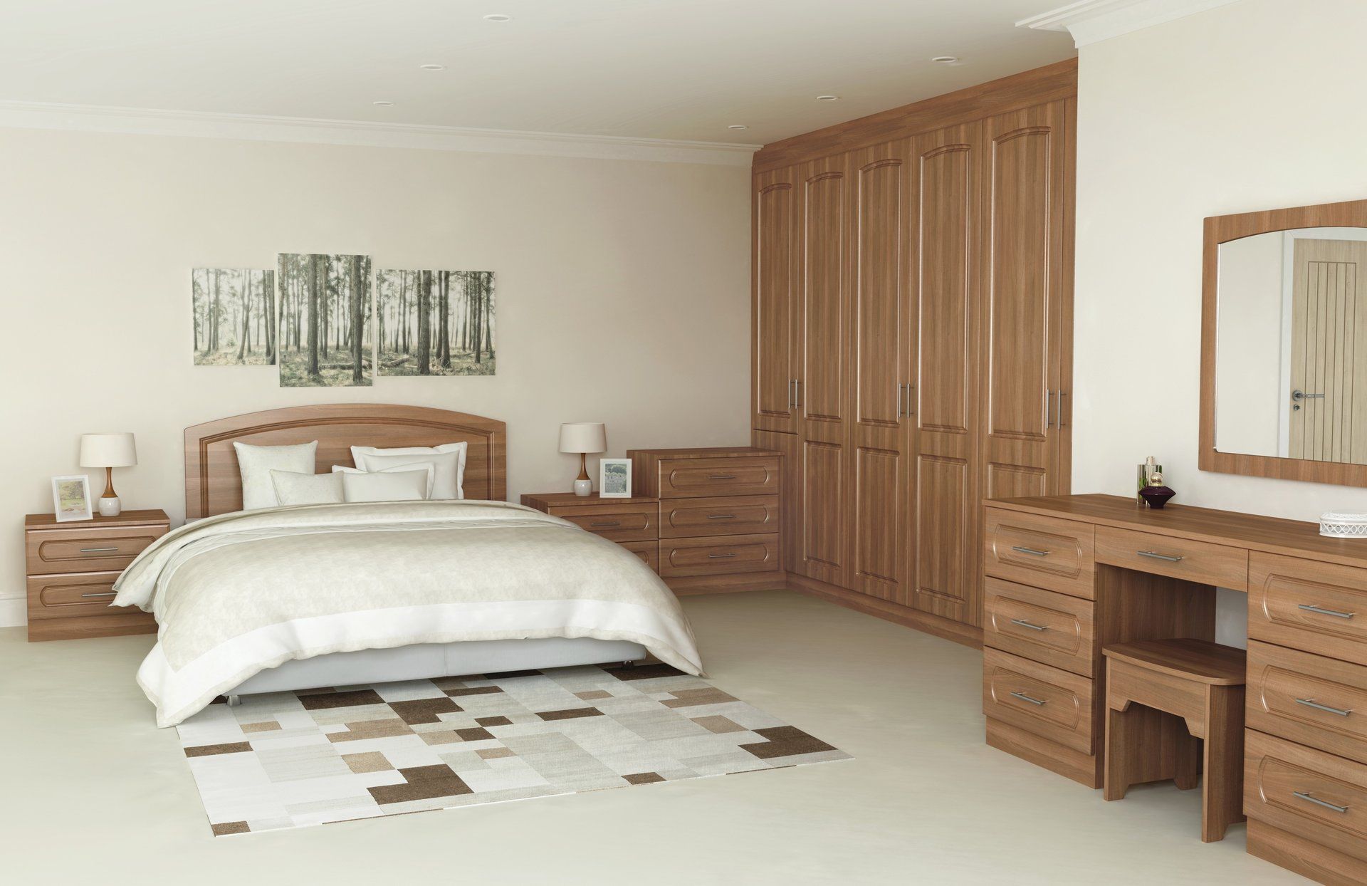 bedroom with wooden wardrobes
