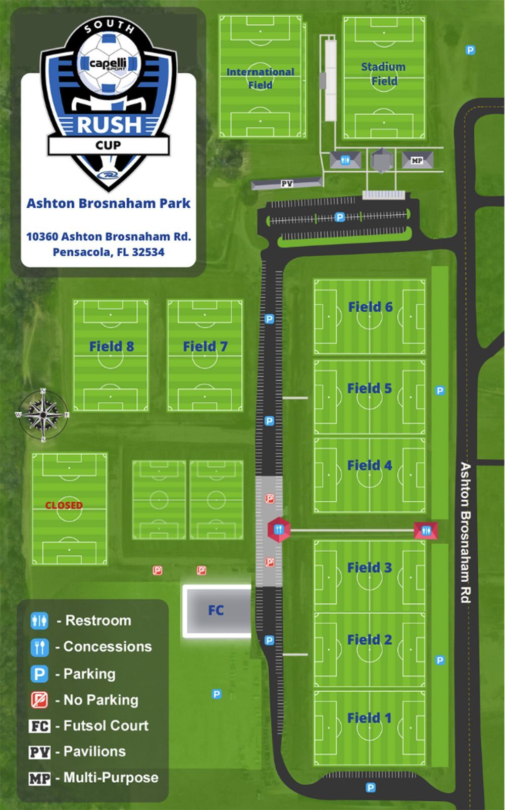 Field map of the Surf Sports Park, displaying 20 soccer fields, including a top-left area with fields labeled A, B, C, and D.
