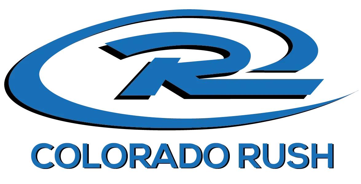 Blue logo of Colorado Rush soccer with stylized