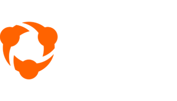 Orange gear-like symbol on white background, suggesting connection or collaboration.