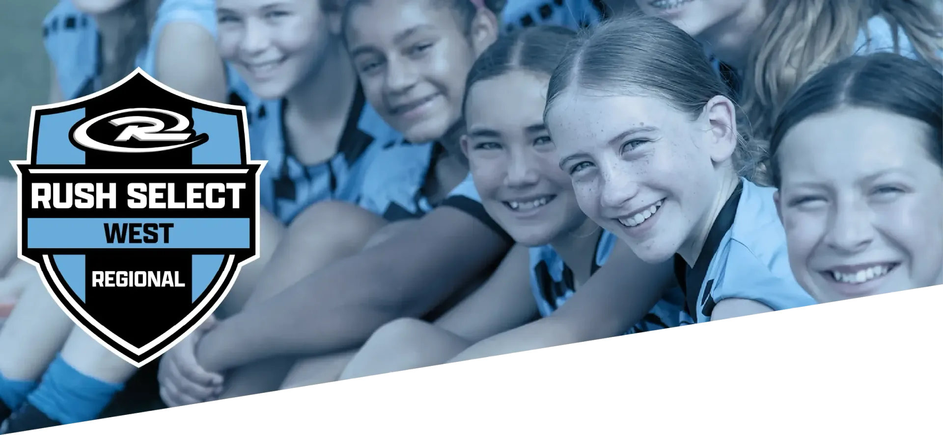 Children holding a trophy, celebrating. The Rush Select Northeast logo is on the left.