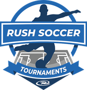 Rush Soccer Tournaments logo: Blue soccer player silhouette kicking ball